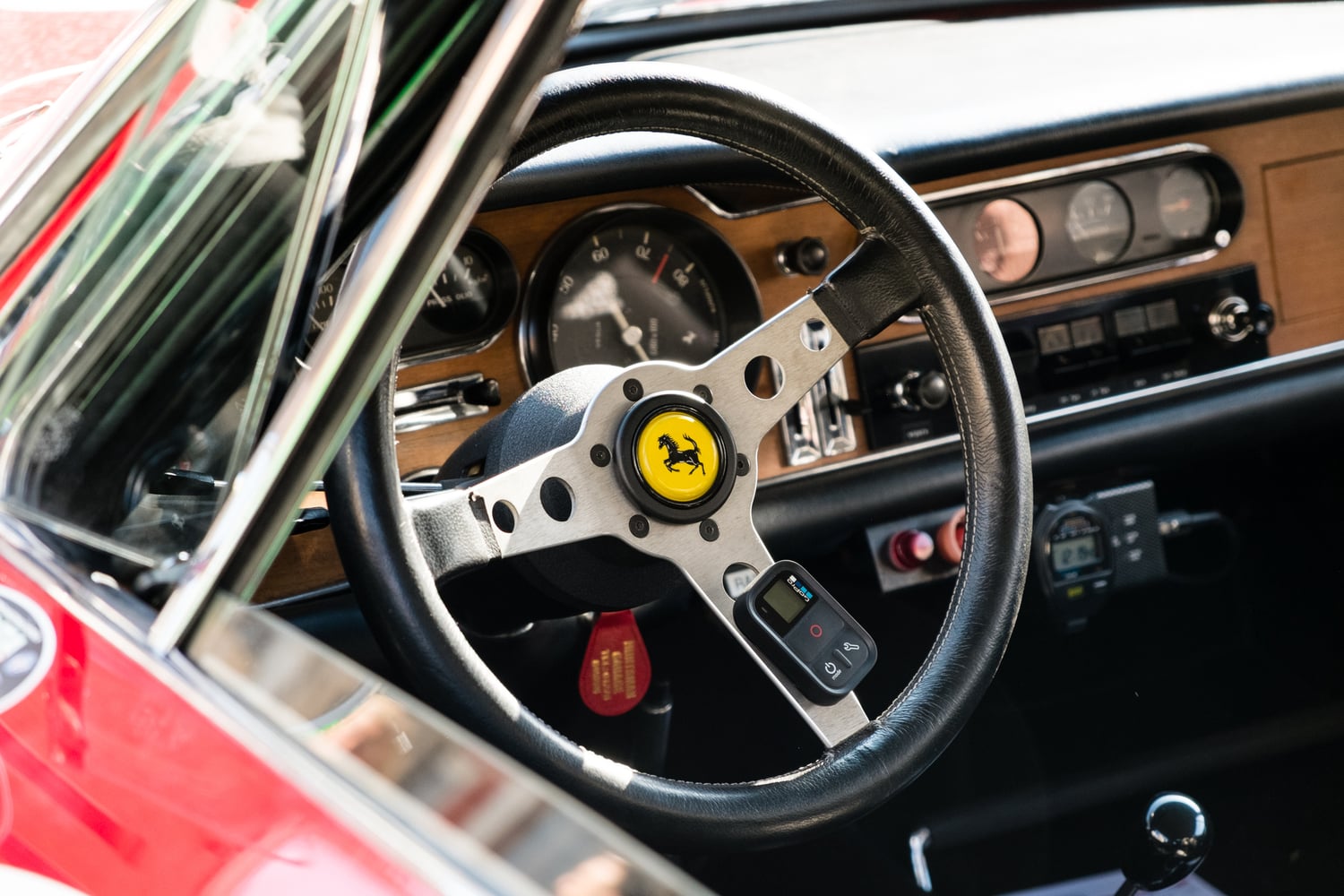 View of steering wheel inside a rare 1965 Ferrari sports car at the Fort Lauderdale Swap Shop and Fort Lauderdale Ferrari Museum